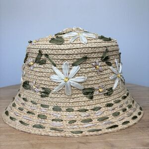 Vtg Kokin New York Womens Floral Embroidered Bucket Straw Sun Hat Ribbon Daisy